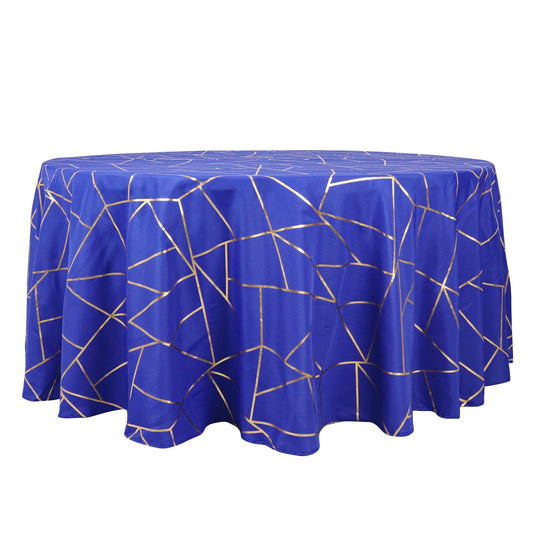 120" Royal Blue Seamless Round Polyester Tablecloth With Gold Foil Geometric Pattern